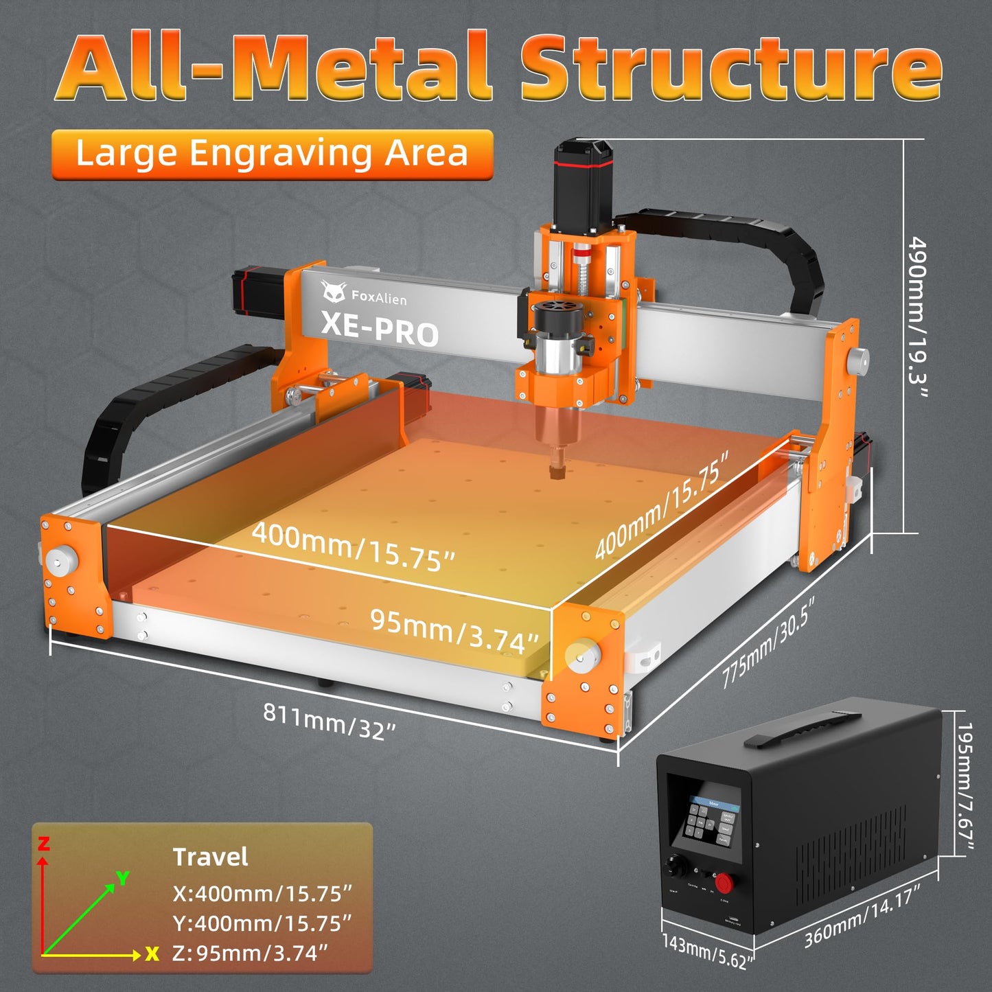 FoxAlien XE-PRO 3-Axis CNC Router Machine + NEMA23 4th Axis Rotary Engraving Module for Engraving Curved Surface and Cylindrical Object