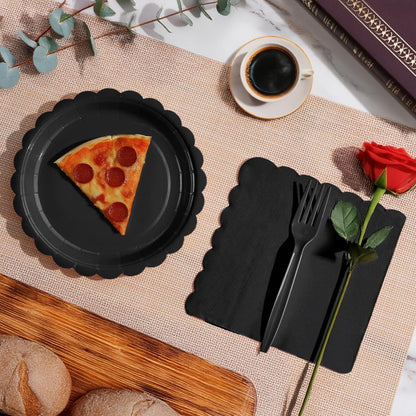 Tyzarglef 105PCS Paper Plates and Napkins Set,7 Inch Scalloped Disposable Tableware with Forks for Birthdays, Garden Parties & Outdoor Events,Serves 35 (Black)