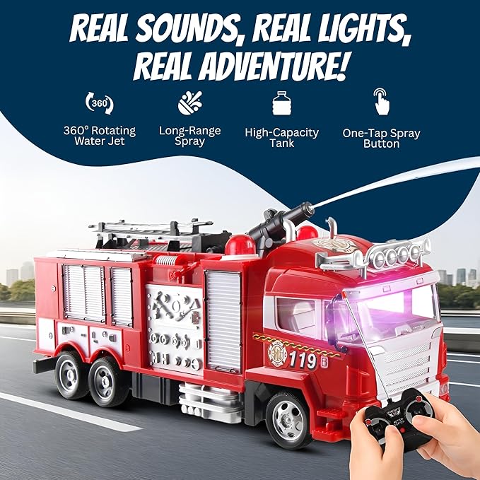 Liberty Imports RC Rescue Fire Engine Toy Truck Radio Control Electric R/C Fire Truck with Lights Sound Working Water Cannon Pump Shoots and Squirts Water Toys for Kids