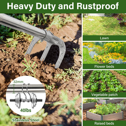 Hand Rake Garden Tool - 57" Long Handle Soil Tiller Cultivator Weeding Rake, 3-Tine Heavy Duty Carbon Steel with D-Grip for Effortless Weeds Digging, Soil Loosening, Planting