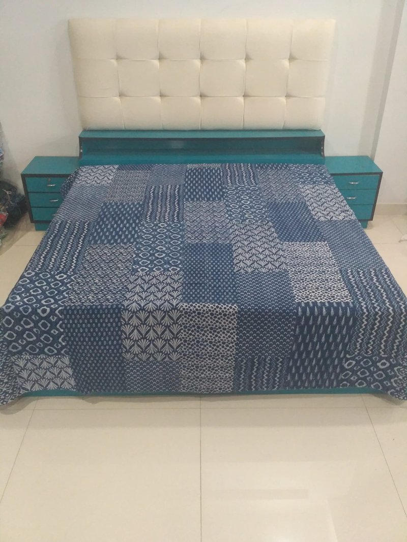 Trade Star Reversible Kantha Quilt Ethnic Cotton Queen Size Ajarak Bedspread Throw for Home Decor (Pattern 11)