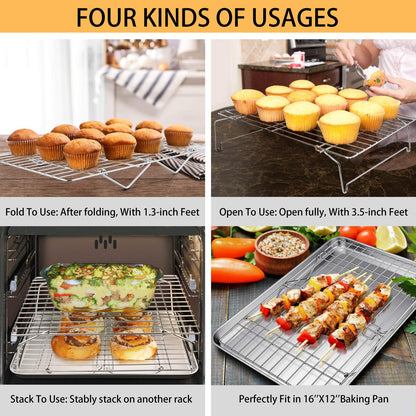 P&P CHEF Cooling Rack Set of 2, 2-Tier Stackable Stainless Steel Wire Racks for Baking Cooking Cooling Roasting, Collapsible & Heavy Duty, Oven Safe & Easy Clean, 15" x 10", Silver