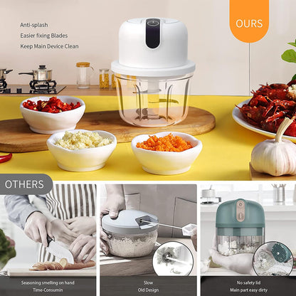 250ML Electric Garlic Chopper, Mini Portable Veggie Choppers, Garlic Grinder Masher Onion Chopper, Blender to Vegetable, Wireless Food Processor for Ginger, Chili, Fruit, Meat, etc
