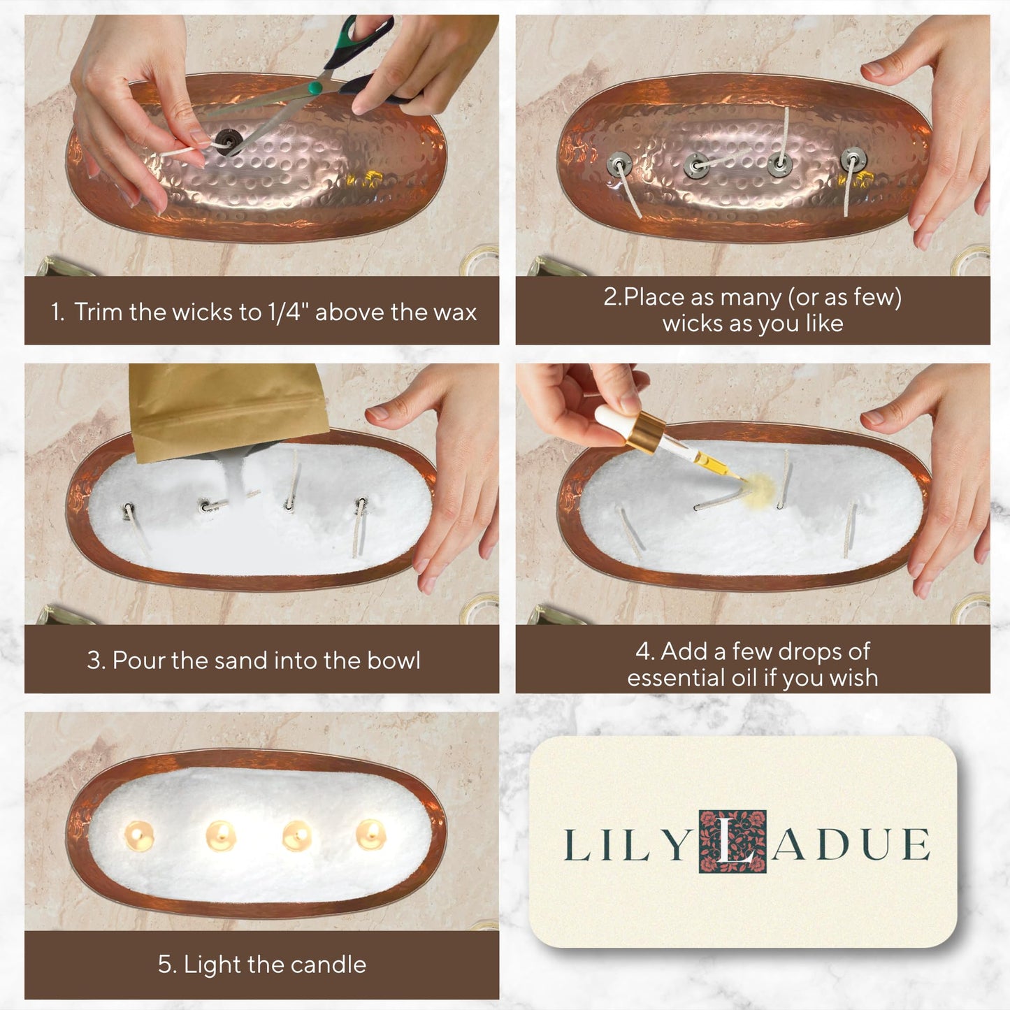 LILY LADUE Sand Candle Kit - 1Lb/16Oz Pearled Candles Sand and Wicks (24) with Copper Holder, Unscented Aroma Beads, Reusable Pearled Candle Wax for DIY Home Kit, Powder Beads Refill Available
