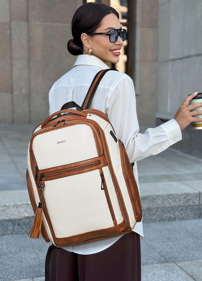 Shrrie Leather Backpack for Women, 17 Inch TSA Travel Backpack with USB Charger, 48L Expandable Large Capacity Computer Backpack Purse for Work Business Travel, Beige