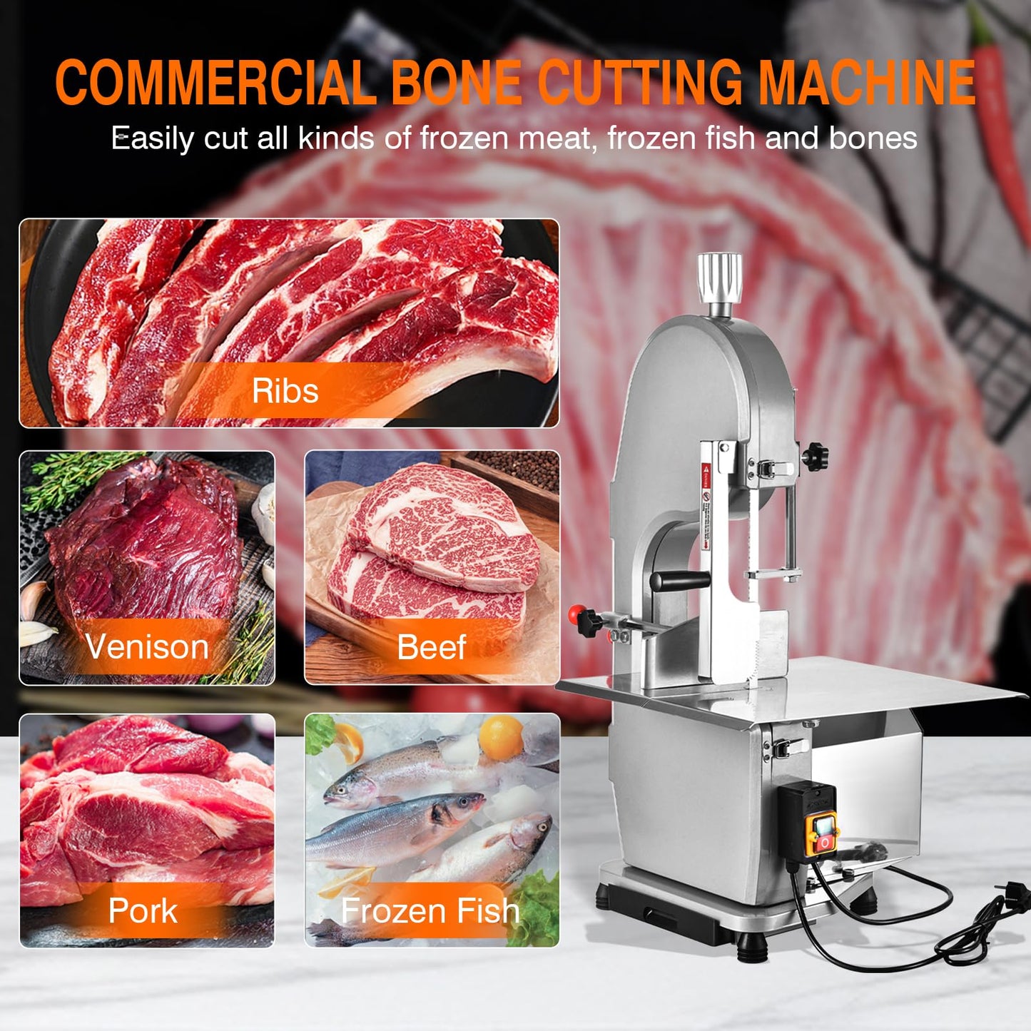 1500W Electric Bone Saw Machine Commercial Electric Meat Bandsaw for Butchering, 18.8" x 14.9" Workbench, 0.4-7.1 Inch Cutting Thickness, Table Sawing for Cutting Rib, Frozen Meat with 5 Saw Blades