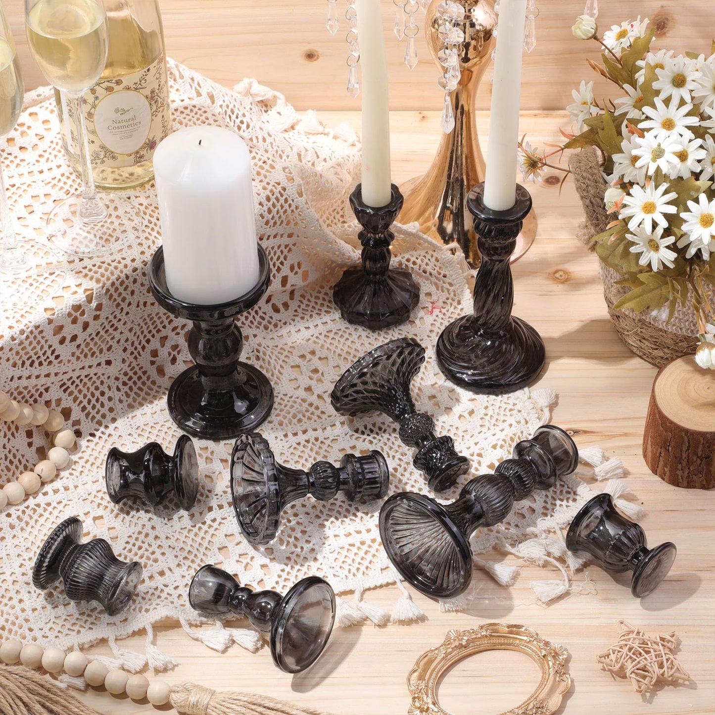 Mumufy 30 Pcs Glass Crystal Taper Candle Holders Clear Glass Candlestick Holder Fit 0.8 Inch Candles Crystal Decorative Candle Stand Centerpiece Table Wedding Dining Party (Black)