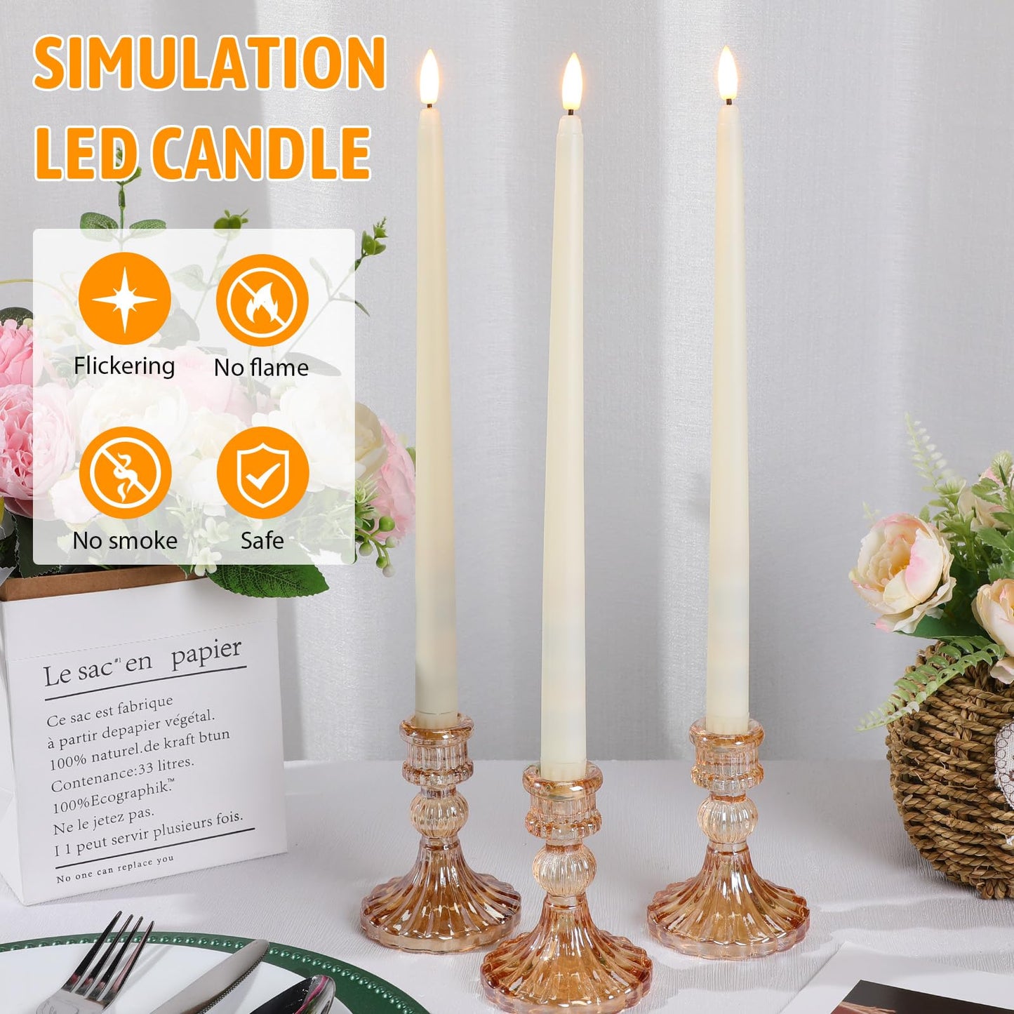 Baquler 100 Pcs Flameless Taper Candles Battery Operated Bulk 12.4 Ivory LED Taper Candles Flickering LED Candlesticks for Wedding Advent Halloween Christmas Party Decor