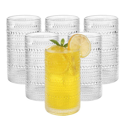 Akutaa Vintage Hobnail Drinking Glasses Set of 6, 16 oz Large Capacity Embossed Clear Tumblers, Highball Glasses for Water, Cocktail, Beer, Whiskey, Kitchen & Bar Use