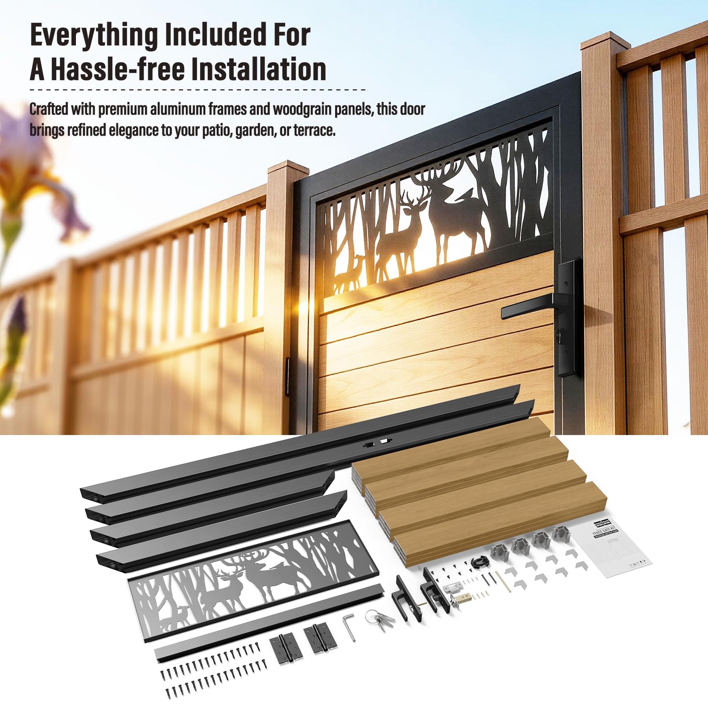 Brukid 3x6 FT Aluminum Fence Gate Kit Wood Grain Aluminum Gate with Decorative Cutout, Lock & Hinges, Left/Right Opening, Weather Resistant for Yard Garden Patio