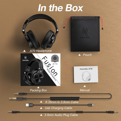 OneOdio A70 Bluetooth Over Ear Headphones, Wireless Headphones with 72H Playtime, Hi-Res, Built-in Mic, 3.5mm/6.35mm Wired Audio Jack for Studio Monitor & Mixing DJ Guitar AMP, Computer PC Gaming