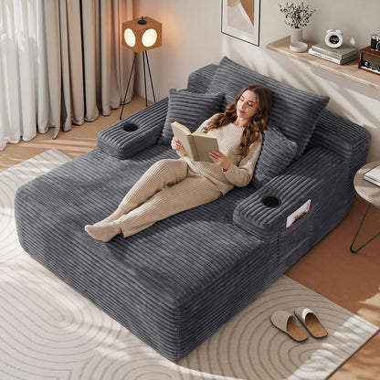 Yafylly 65" Oversized Boneless Chaise Lounge Chair Indoor, Corduroy Sleeper Bed with No Assembly for Living Room, Bedroom, Reading Nook, Lounge, Grey