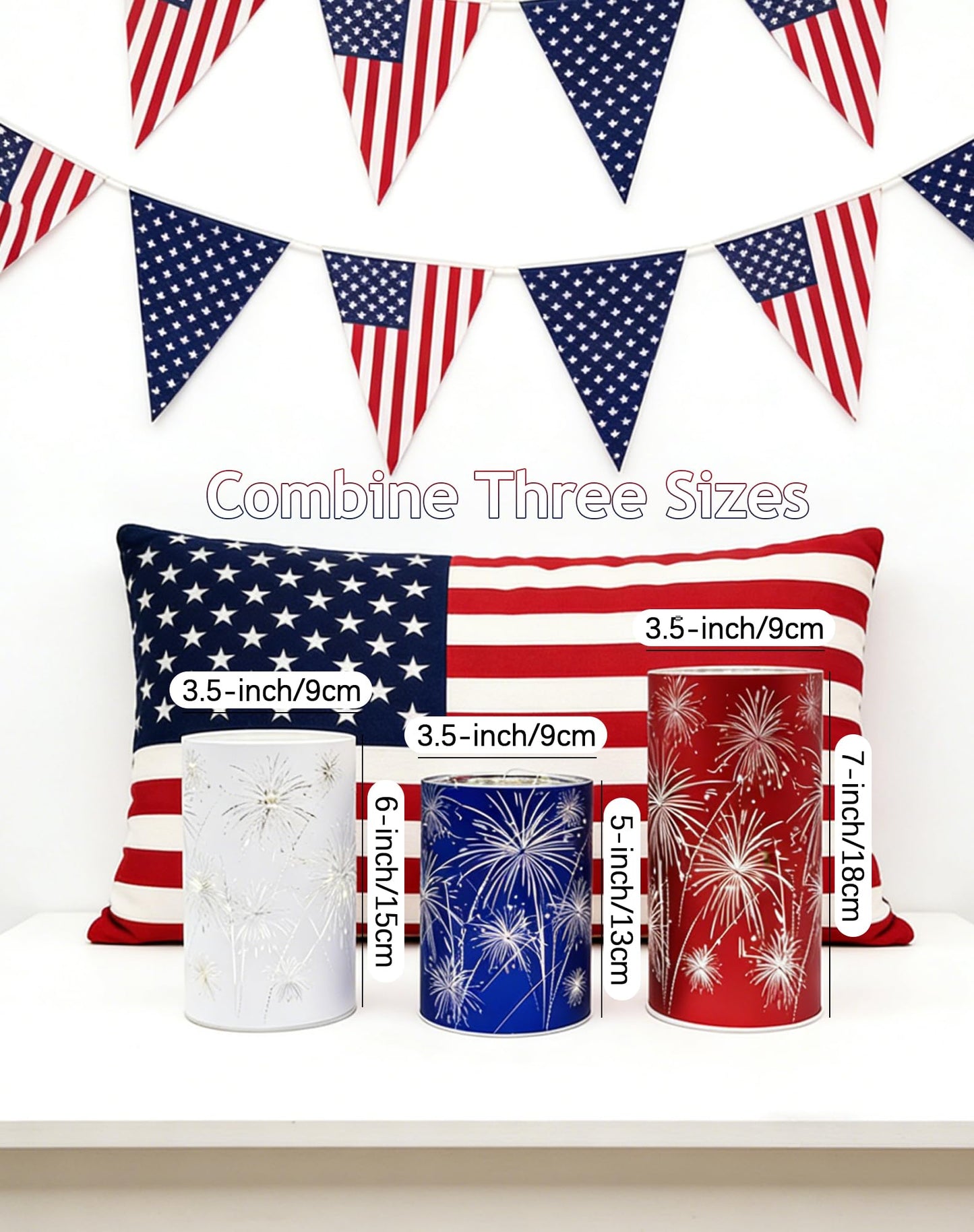Set of 3 Celebration Fireworks Glass Hurricanes, New Etched Firework Starburst Glass Hurricane Lamp with LED Lights, 250 Anniversary America Centerpieces for Mantel, Dining Table (Warm Light-A)