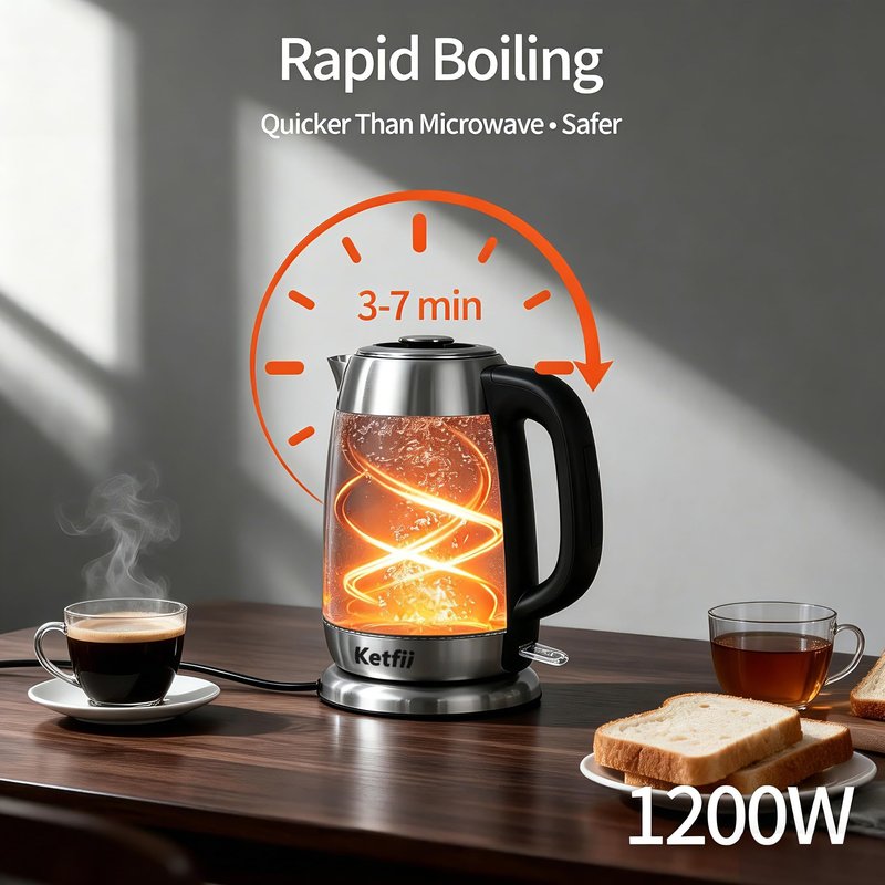 Electric Glass Kettle 1.8L, 1200W Fast Boil for Tea & Coffee, Auto Shut-Off & Boil-Dry Protection, BPA-Free, 304 Stainless Steel & Borosilicate Glass, Removable Lid for Easy Cleaning