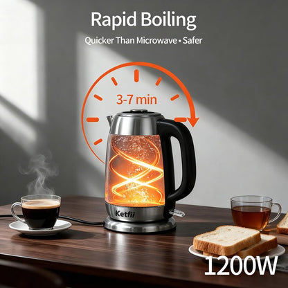 Electric Glass Kettle 1.8L, 1200W Fast Boil for Tea & Coffee, Auto Shut-Off & Boil-Dry Protection, BPA-Free, 304 Stainless Steel & Borosilicate Glass, Removable Lid for Easy Cleaning