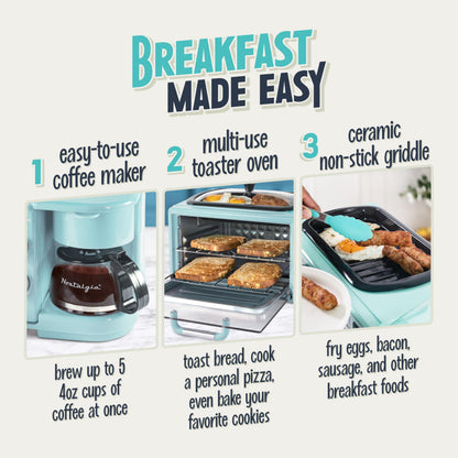 Nostalgia 3-in-1 Breakfast Station - Includes Coffee Maker, Non-Stick Griddle, and 4-Slice Toaster Oven - Versatile Breakfast Maker with Timer - Aqua