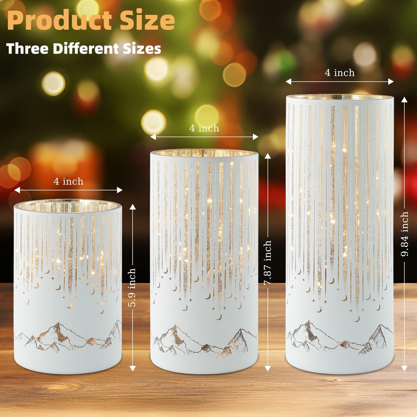 Ashroder Starry Night Hurricane Candleholders with Warm LED Lights & Remote Timer, Elegant Twinkling Decorative Centerpieces for Wedding, Dining Table, Living Room, Mantel Décor, Set of 3 (White)