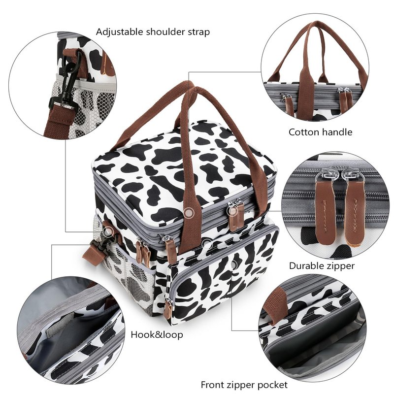 MEYTEILAY Lunch Bag for Women Men Expandable Double Deck Lunch Box Large Lunch Bags Leakproof Insulated Reusable Lunch Cooler Bag（Cow Print）