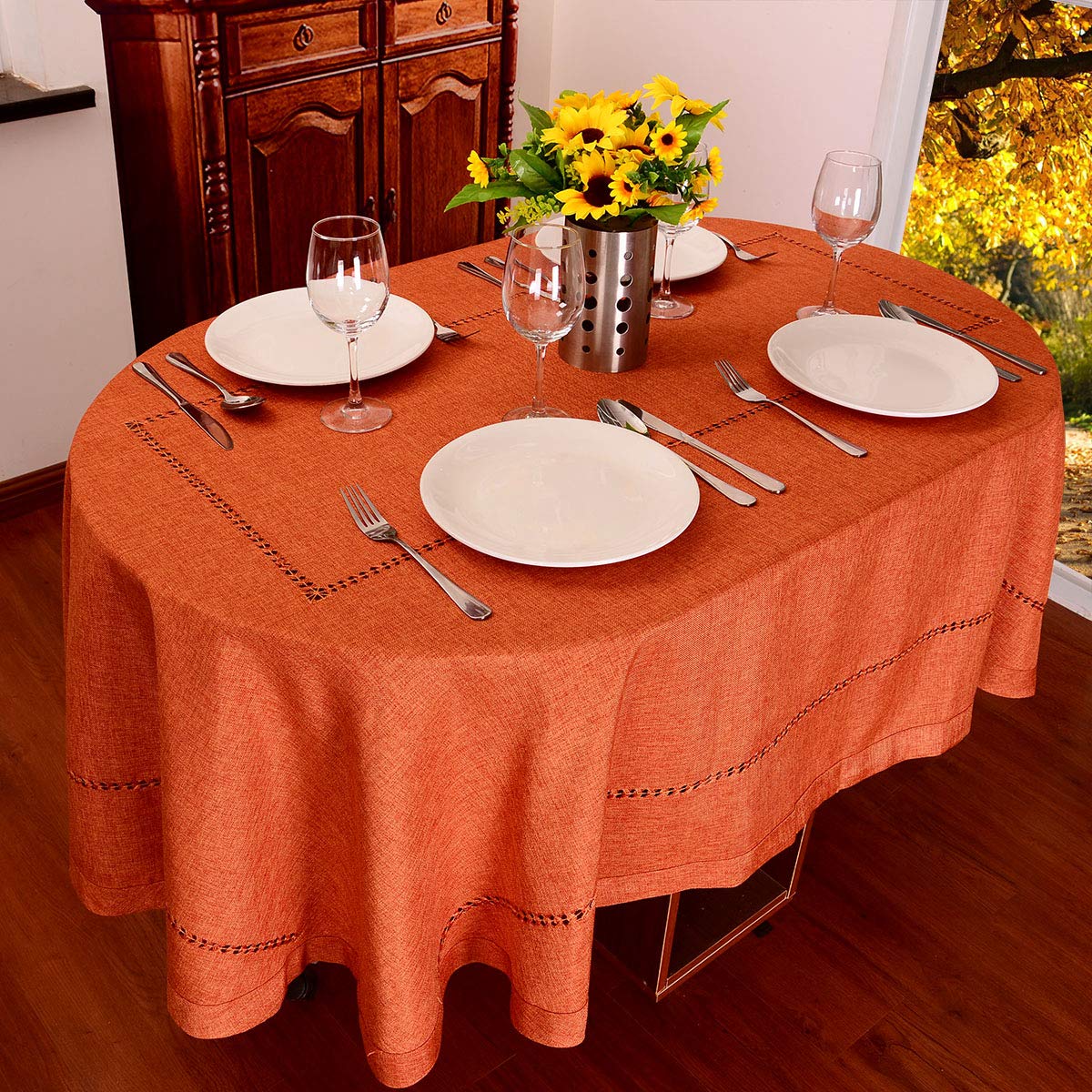 Grelucgo Solid Orange Color Hemstitched Dining Tablecloth for Fall and Thanksgiving Holidays (OvalTablecloth 60 x 84 inches)