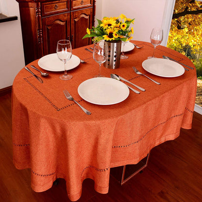 Grelucgo Solid Orange Color Hemstitched Dining Tablecloth for Fall and Thanksgiving Holidays (OvalTablecloth 60 x 84 inches)