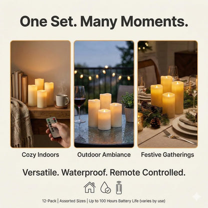 Enido 24 Pc Flameless LED Candles with Remote & Timer, Outdoor Waterproof, Flickering Electric Warm Lights for Cozy Home & Holiday Romantic Decor, Battery Operated (D 2.2” x H 4”/5”/6”)