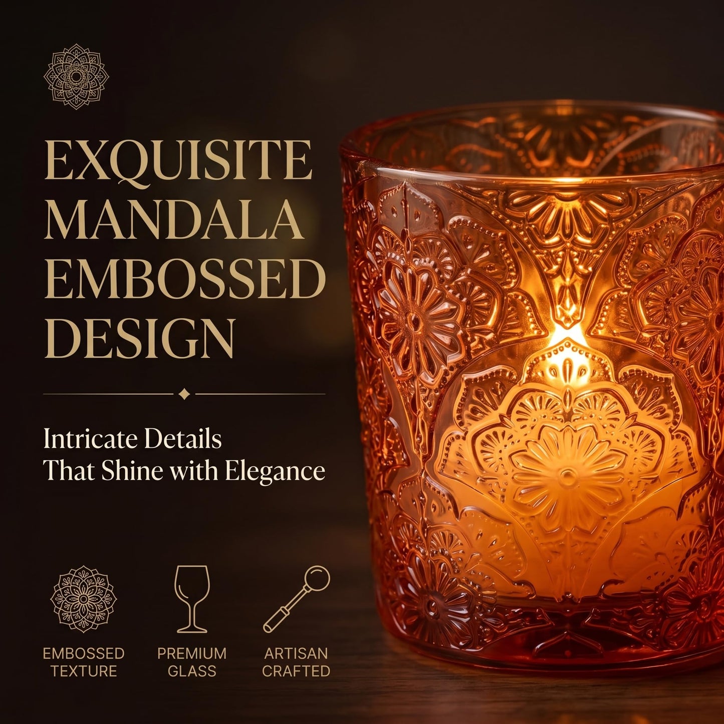 12 Pack Mandala Embossed Glass Candle Holders – Votive Tealight Holders with Patent Design, Decorative Embossed Glass Cups for Wedding Centerpieces, Parties, and Home Décor (Pumpkin Spice)