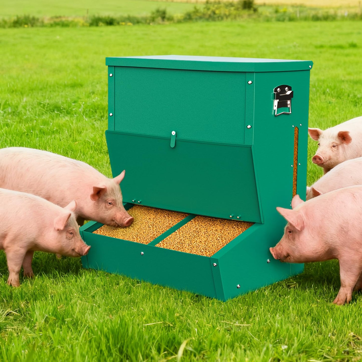 PURRPAXZ Pig Feeder, 2-Door Heavy Duty Galvanized Steel Hog Feeder,3.7 Bushels Capacity,Outdoor Pig Feeders with Visable Feed Design, Livestock Feeder for Barn, Farm, Feeding up to 5 Small Hogs, Green