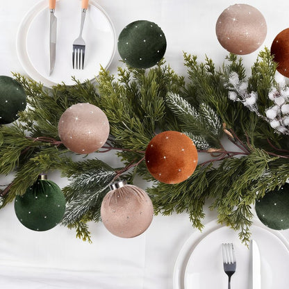 TonJin Christmas Tree Ornaments Velvet Balls 12 Pack, 3.15"/80mm Glitter Shatterproof Hanging Flocked Large Xmas Bulbs Decorations, Lightweight,Green Burnt Orange Neutral Holiday Party Home Decor