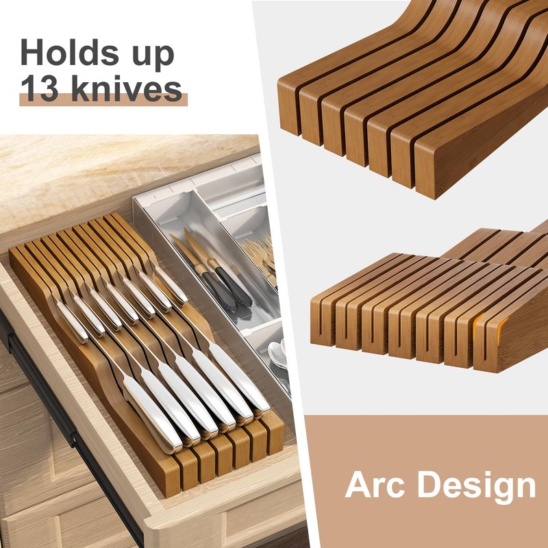 In-Drawer Knife Block Organizer - Bamboo Wood Drawer Knife Organizer-Protecting Knife Organizer Block (Not Included) (Brown, 13 Knives Dock)