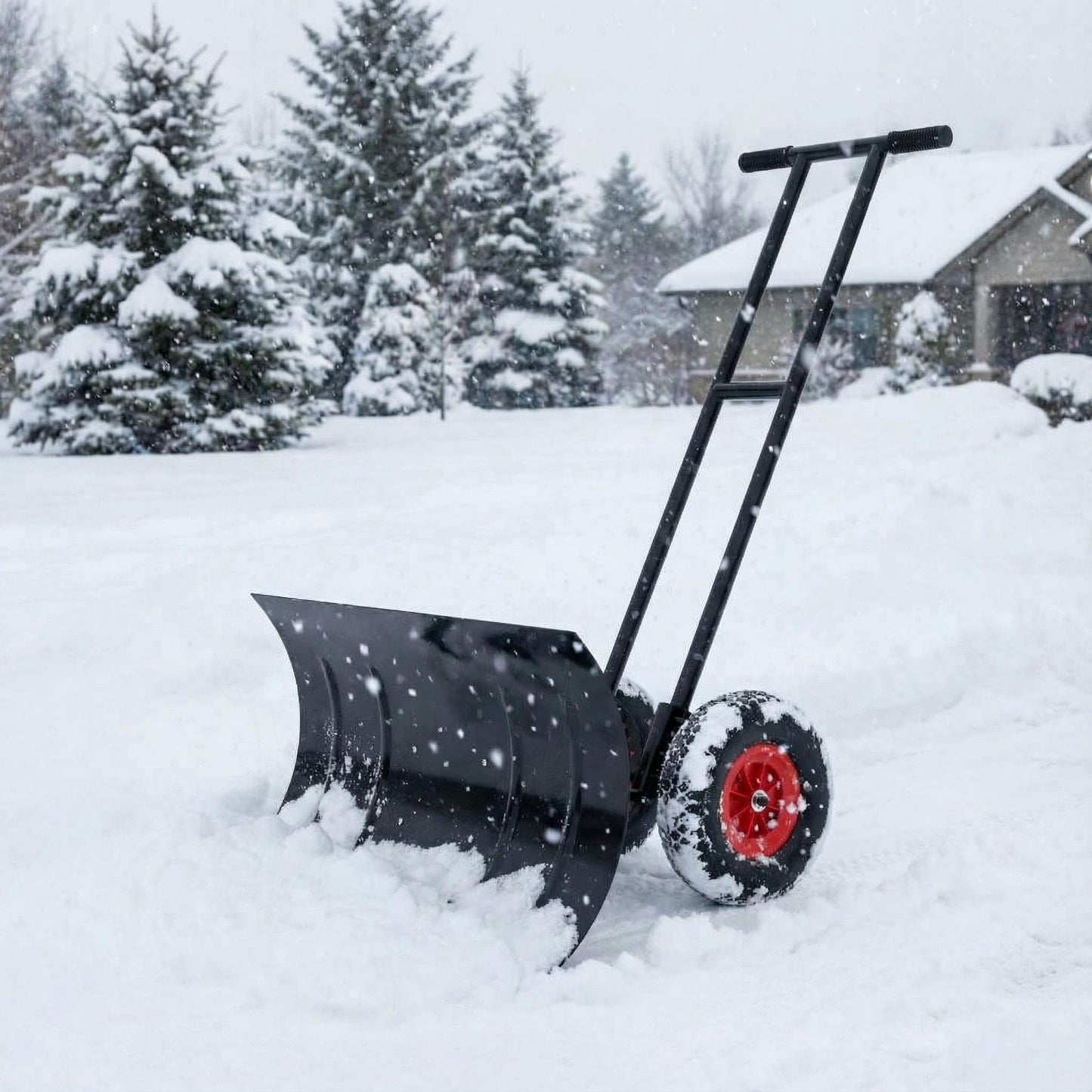 40" Heavy-Duty Wheeled Snow Shovel with Adjustable Handle & Blade – Angled Snow Pusher for Driveway, Sidewalk, Deck & Steps