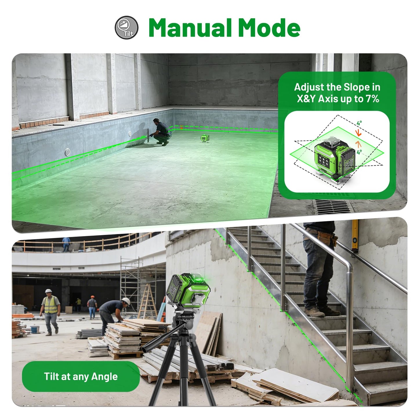 Huepar 2026 New Electronic Self Leveling Laser Level, 4x360° Green Cross Line Laser Tool, ±1/18" Accuracy, ±7% Slope Adjustment, Leveler Laser for Tile, Framing, Alignment, Layout, Construction & DIY