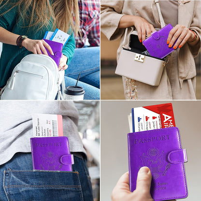 RSAquar Unisex Faux Leather Passport and Vaccine Card Holder Combo, Purple, Slim and Lightweight with RFID Blocking Technology