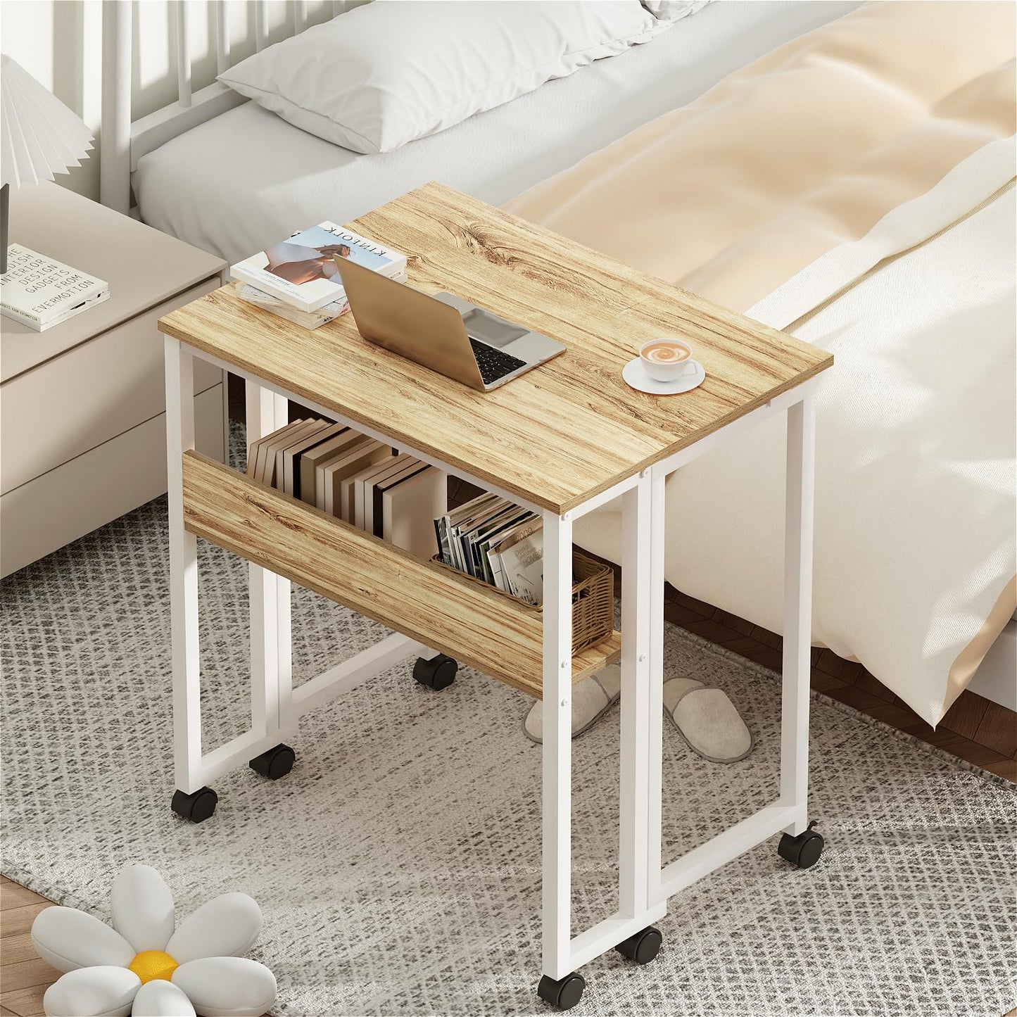 GreenForest Folding Desk Small Rolling Desk with Storage Shelf,24.8 inch Foldable Computer Desk with Wheels for Small Space,Easy Assembly,Oak