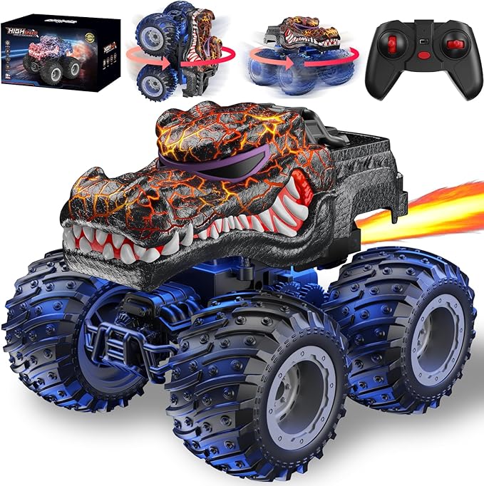 Remote Control Monster Car 2.4GHz RC Crocodile Monster Truck Toys for 3 4 5 6 7 8 Years Old Boys Kids All Terrain RC Truck Off Road with Spray Light Rechargeable Battery Christmas Birthday Gifts