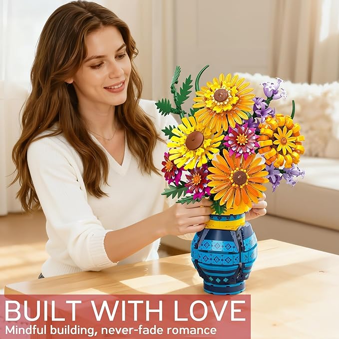 Sunflower Bouquet Building Blocks w/ Vase Set 1065 PCS Botanical Collection Birthday Gifts for Mom Women Grandma Adult Her Mother's Day Artificial Flower Home Decor Stocking Stuffers for Teen Girls