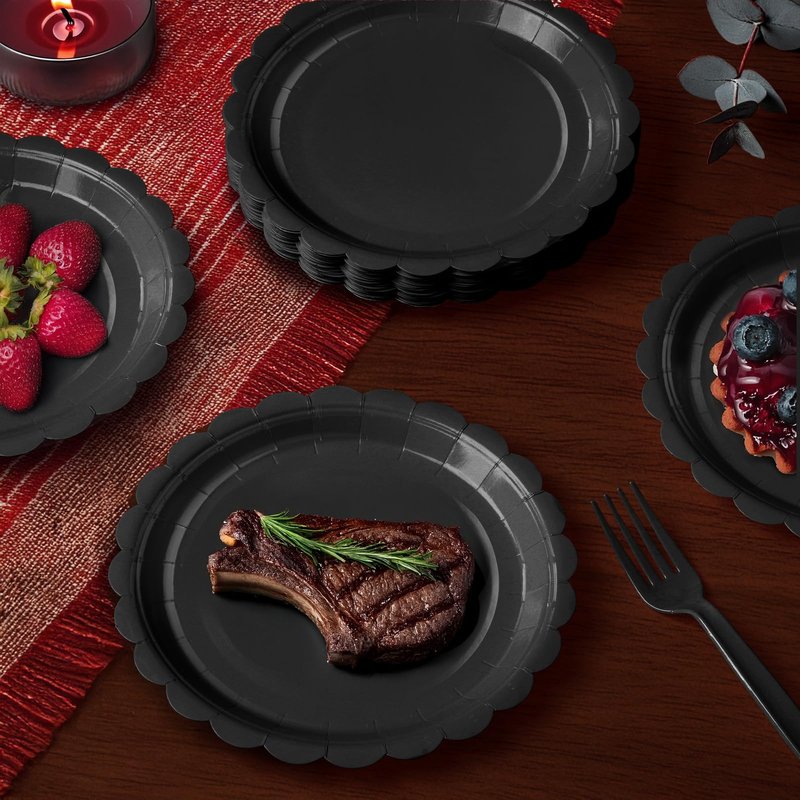 Tyzarglef 105PCS Paper Plates and Napkins Set,7 Inch Scalloped Disposable Tableware with Forks for Birthdays, Garden Parties & Outdoor Events,Serves 35 (Black)