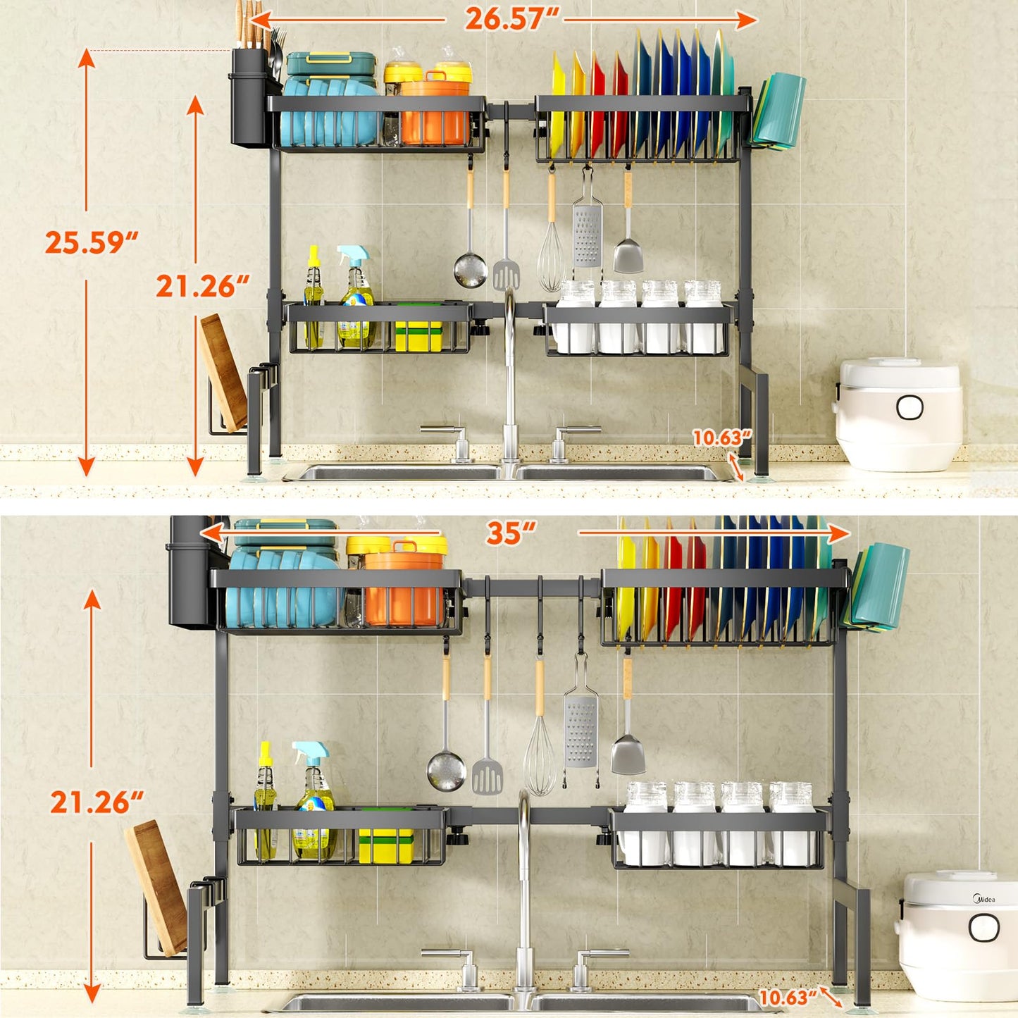 YKLSLH 4 Baskets Over The Sink Dish Drying Rack, Extendable Large Capacity Sink Rack, Metal Drying Rack Saving Space,for Most Sinks (26.57"-35")