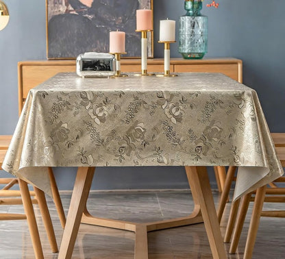 FAVE Gold Tablecloth Waterproof PVC Table Cover Wipeable Easy Clean for Kitchen Dining Table, Golden Rose Pattern 55x78 Inches for Wedding Banquet Birthday Party Restaurant Decors