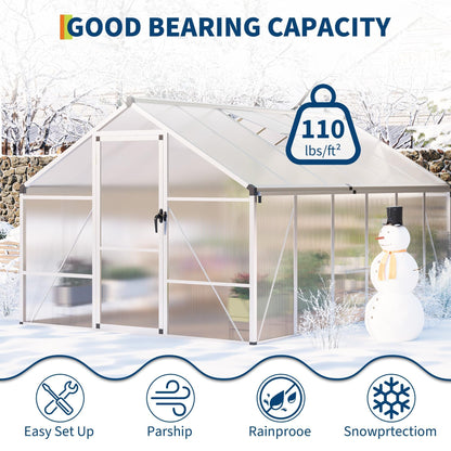 8x12 FT Greenhouse for Outdoors, Polycarbonate Greenhouse with Roof Vent, Ground Nails, Lockable Push Door, Aluminum Large Walk-in Green House for Outside Garden Backyard, Patio, Lawn, Silver