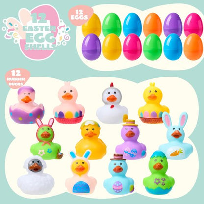 JOYIN 12 Pcs Prefilled Easter Eggs with Rubber Ducks Bath Toys, Basket Stuffers for Toddlers & Babies, Kids Party Favors, Easter Egg Hunt, Classroom Prizes for Kids