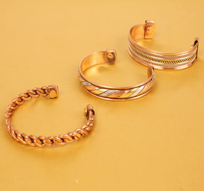 Touchstone copper bracelets | gift for men women |adjustable 100% pure solid real magnetic jewelry | handmade bracelet set combo | rope braided tibetan bangles. Set of 3 different designs
