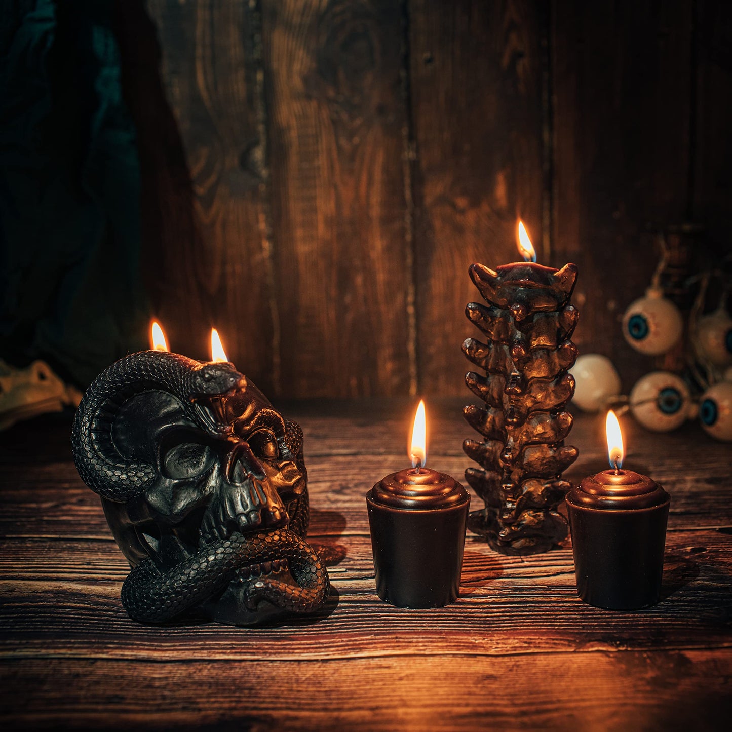 Skull & Spine Candles 4 Pack - Skeleton Snake, Spine & Black Bones Candle, Skulls, Magic Skulls Candlestick Spooky Gothic Emo Decor, Home & Bar Decoration, Large Creepy Skeletons Decorations