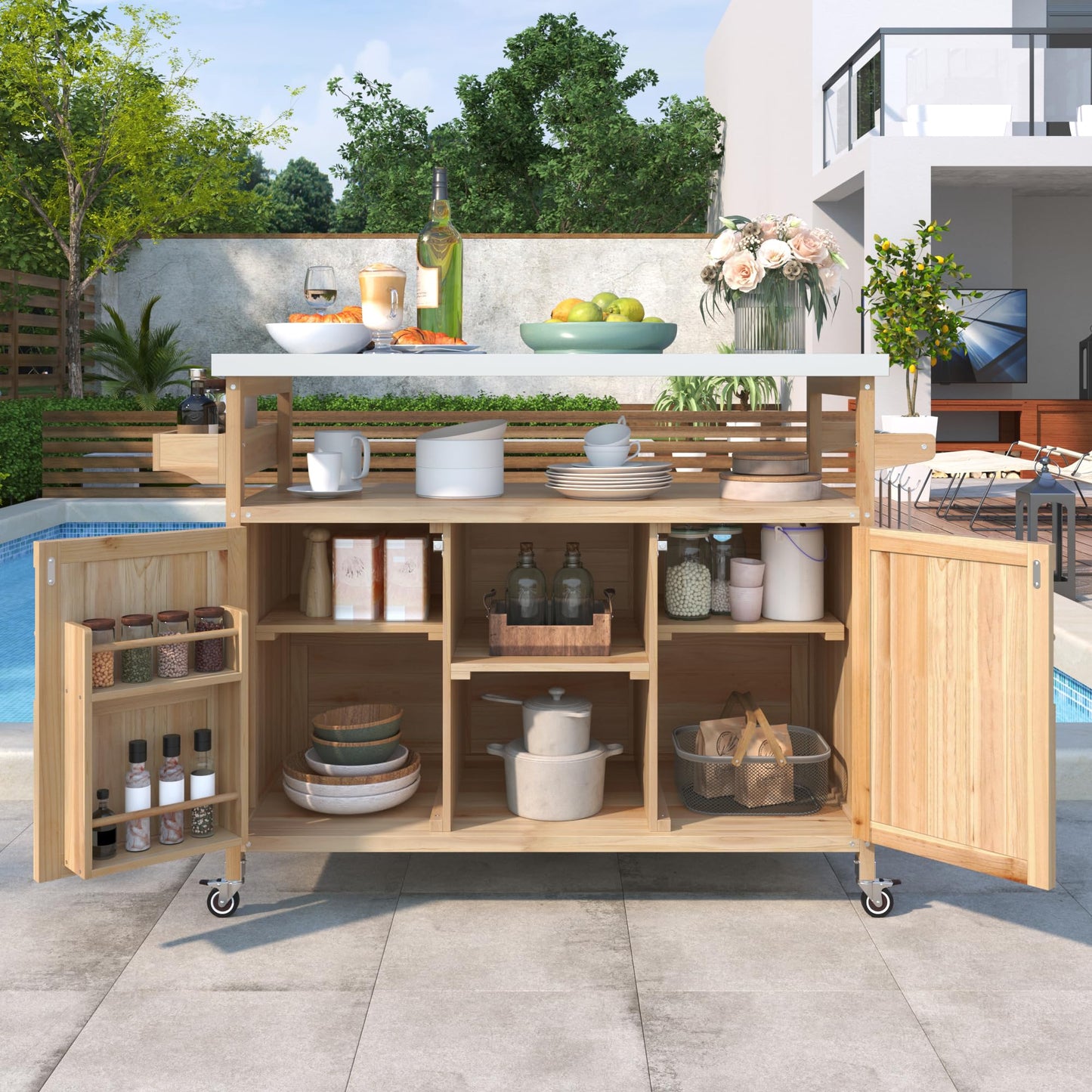 Sailret Outdoor Kitchen Island with Stainless Steel Top, Rolling Bar Cart & Storage Cabinet, 100% Solid Fir Wood BBQ Prep Station Grill Table with Spice Rack & Towel Holder (Natural, 50-Inch)