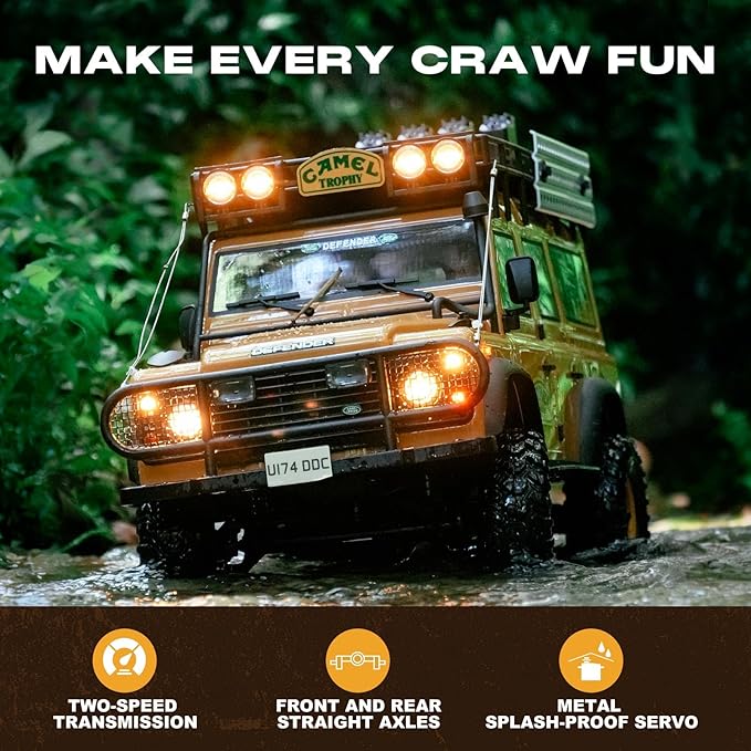 FMS 1/10 FCX10 Land Rover Camel Trophy Edition RC Crawler Hobby RC Rock Crawler with Lighting System 4-Link Suspension for Adults RS (Discovery)