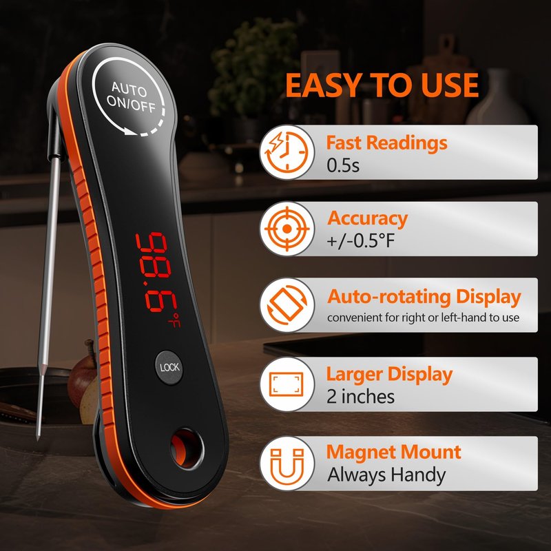 0.5s Instant Read Digital Meat Thermometer, Paysean ±0.5℉ with Auto-Rotating Backlit Display, IP67 Waterproof and Calibration for Cooking, Candy, Grilling, BBQ, Liquid, Smoker, Beef