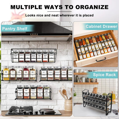 AISIPRIN 24 Pcs Glass Spice Jars with 398 Labels, 4oz Empty Square Spice Containers Seasoning Bottles - Shaker Lids, Funnel, Brush and Marker Included(Black Metal Caps)
