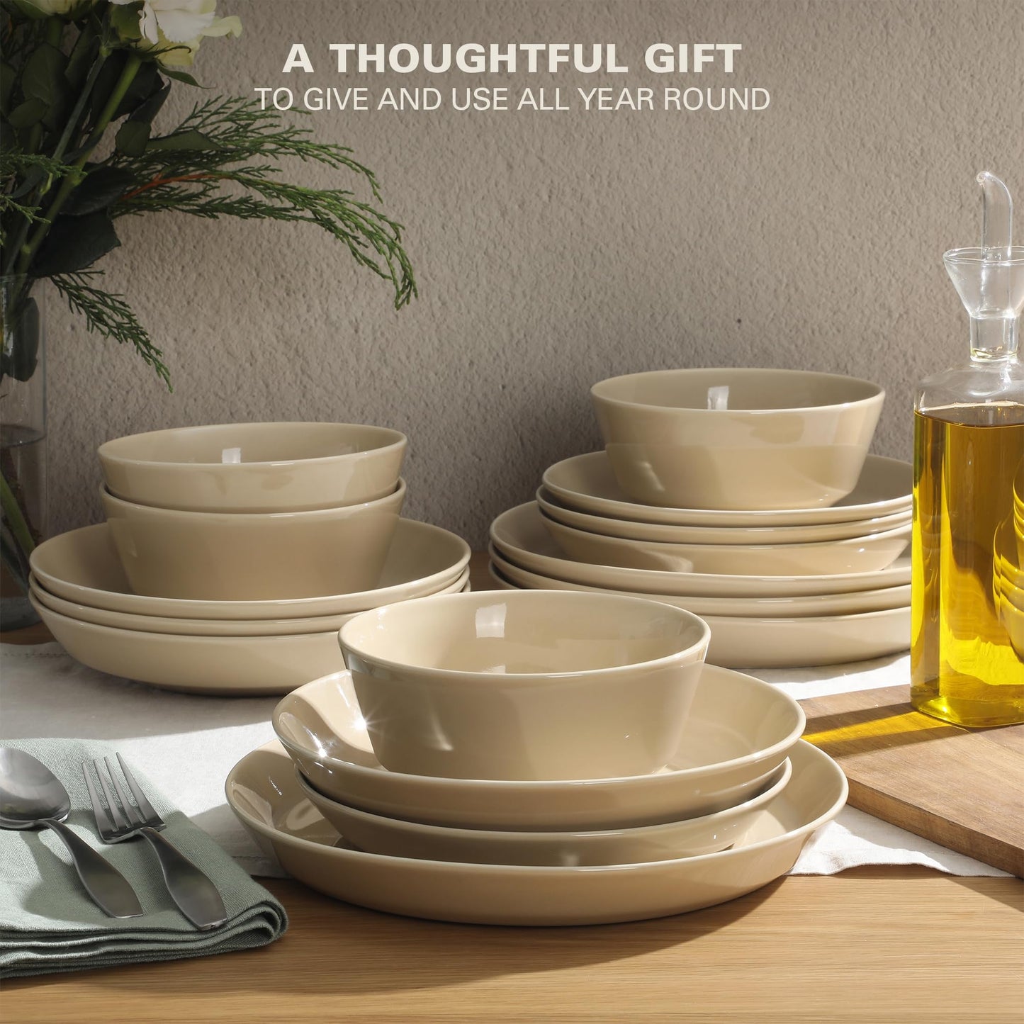 Gibson Home Summer Shades 16 Piece Plates and Bowls Dishes Service for 4 Porcelain Dinnerware Set - White