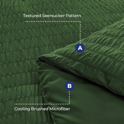 HYMOKEGE Queen Comforter Set - Dark Green Seersucker 7-Piece Luxury Bedding Set for All Seasons