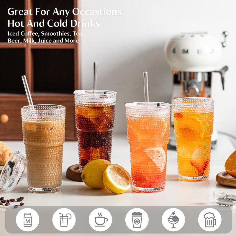 INSETLAN 20oz Hobnail Glass Cups with Lids and Glass Straws – 4 Pieces, Thick-Walled Glass Tumblers for Iced Coffee, Smoothies, Milk, Water, Juice, and More – Elegant and Durable Drinking Glasses