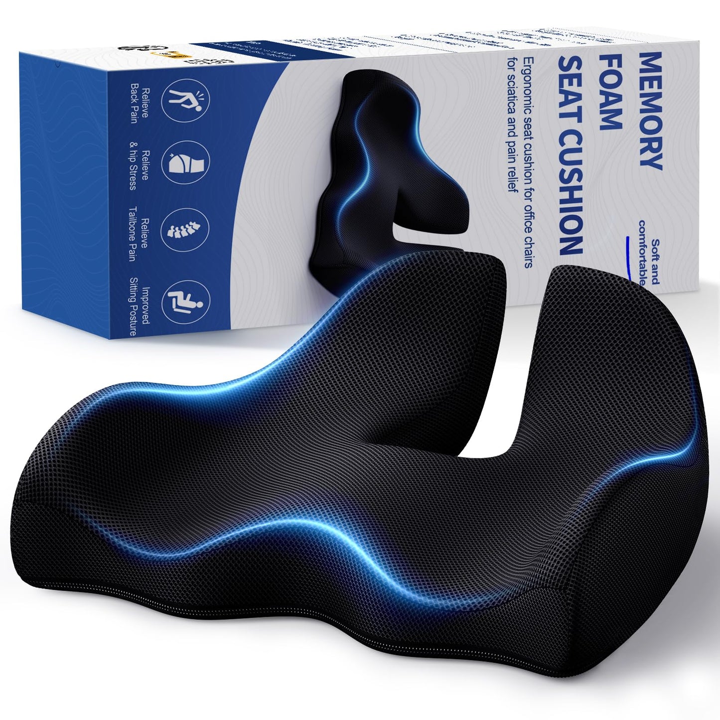 Benazcap X Large Memory Seat Cushion for Office Chair Ergonomic Cushions Butt Pillow for Pressure Relief Sciatica & Pain Relief Memory Foam for Long Sitting for Gaming Chair and Car Seat